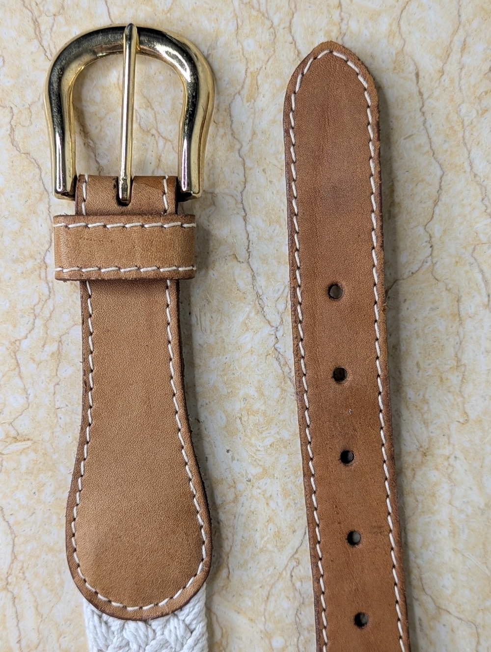 Vintage Off White Braided Brown Leather Belt Gold Tone Buckle Women's S - Picture 2 of 13